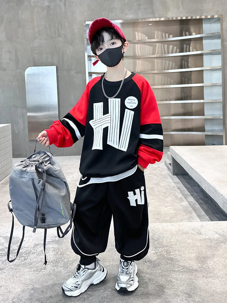 خريف sports بدلة for أولاد جديد foreign ستايل two-piece shuai tide print clothing for أطفال for ربيع خريف gift for children