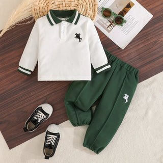 خريف ربيع كاجوال sports بدلة for baby أولاد joker ستايل contrast polo collar horse riding printing أطفال clothes hooded collar