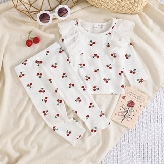 خريف ربيع بنات clothing طقم cross-border exclusive fun cherry printing lace كم vertical pattern بدلة sweet lovely بنت