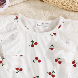 خريف ربيع بنات clothing طقم cross-border exclusive fun cherry printing lace كم vertical pattern بدلة sweet lovely بنت