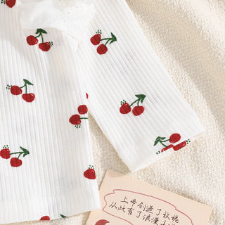 خريف ربيع بنات clothing طقم cross-border exclusive fun cherry printing lace كم vertical pattern بدلة sweet lovely بنت