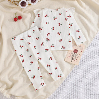 خريف ربيع بنات clothing طقم cross-border exclusive fun cherry printing lace كم vertical pattern بدلة sweet lovely بنت