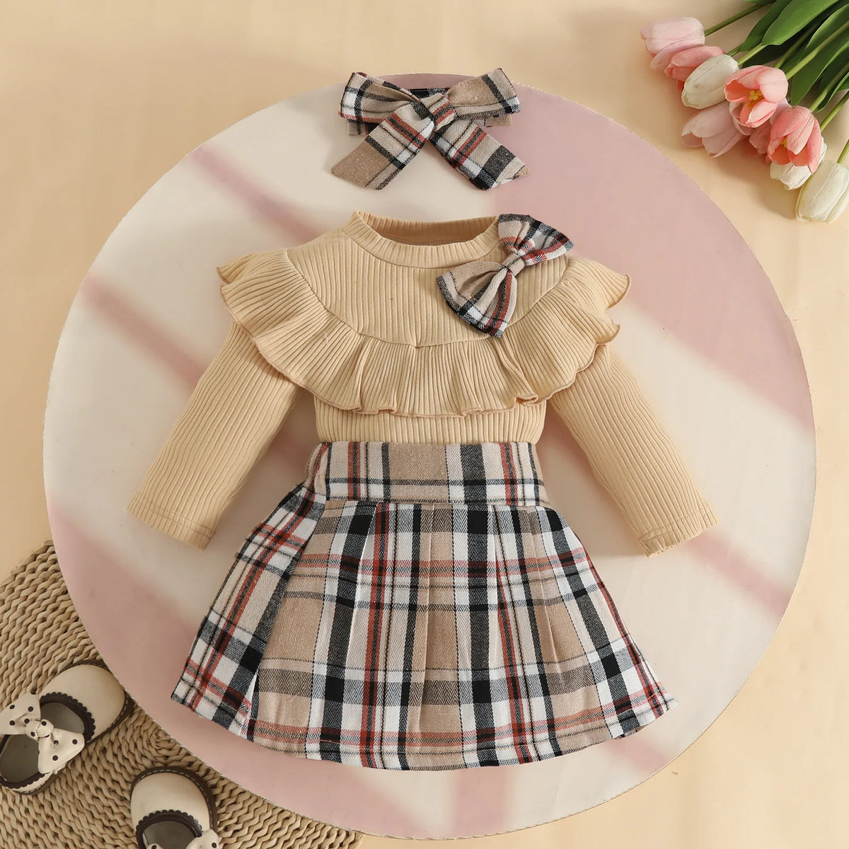 خريف شتاء female baby كاجوال outfit أكمام طويلة توب with ruffled bow classic plaid جيب hair band solid pattern ستايل