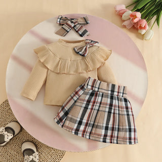 خريف شتاء female baby كاجوال outfit أكمام طويلة توب with ruffled bow classic plaid جيب hair band solid pattern ستايل
