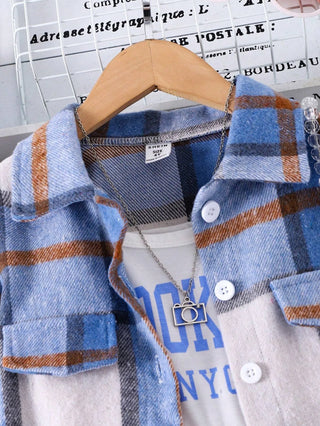خريف/شتاء بنت's كاجوال طقم قطعتين plaid طويل-sleeved jacket and suspender جمبسوت with printed letter