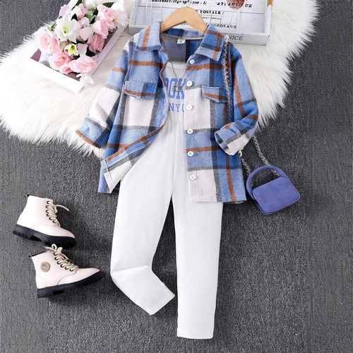 خريف/شتاء بنت's كاجوال طقم قطعتين plaid طويل-sleeved jacket and suspender جمبسوت with printed letter