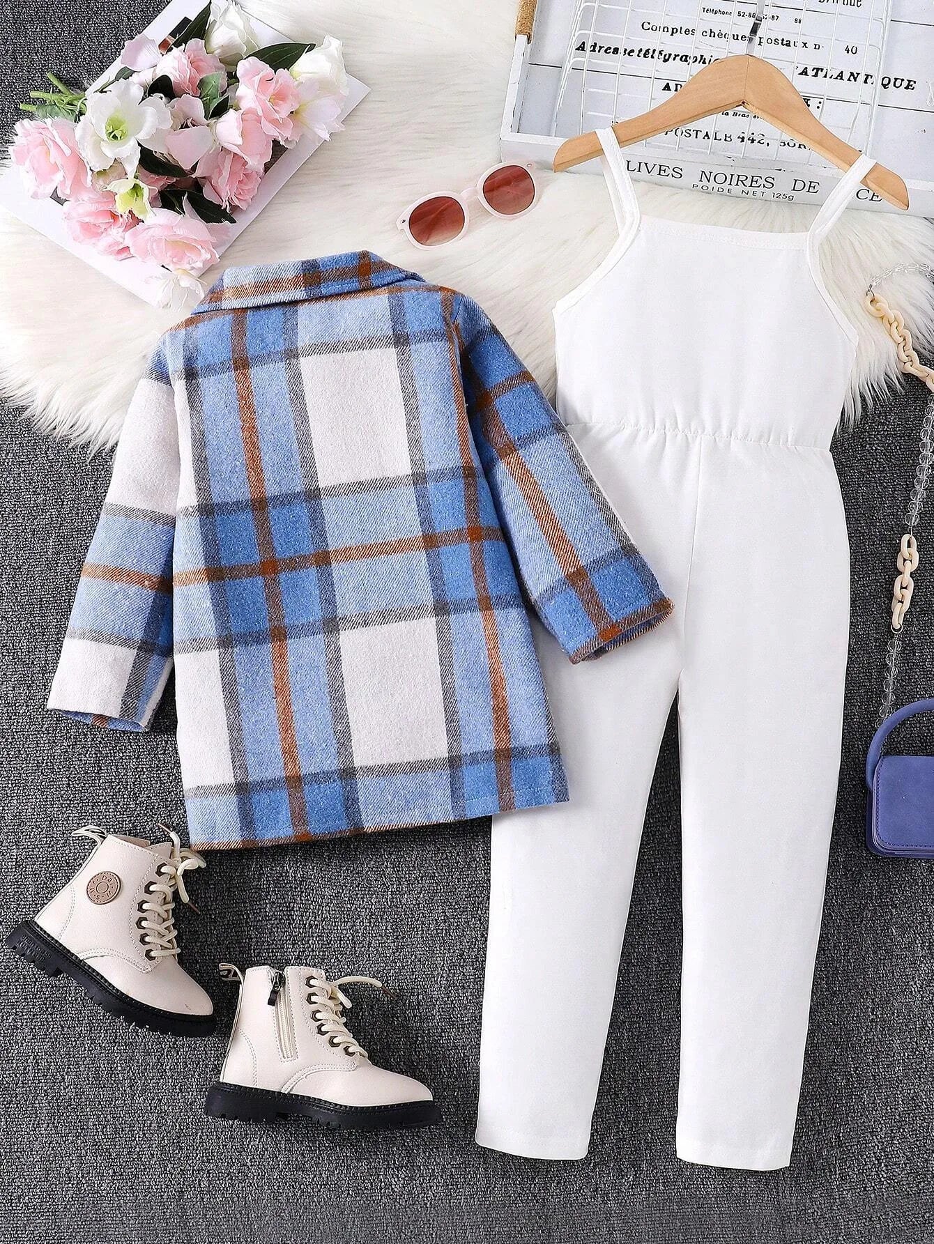 خريف/شتاء بنت's كاجوال طقم قطعتين plaid طويل-sleeved jacket and suspender جمبسوت with printed letter