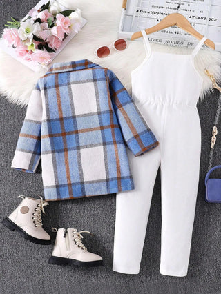 خريف/شتاء بنت's كاجوال طقم قطعتين plaid طويل-sleeved jacket and suspender جمبسوت with printed letter