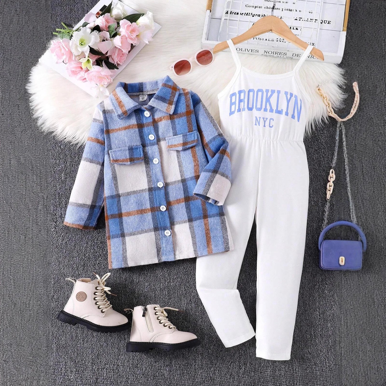 خريف/شتاء بنت's كاجوال طقم قطعتين plaid طويل-sleeved jacket and suspender جمبسوت with printed letter