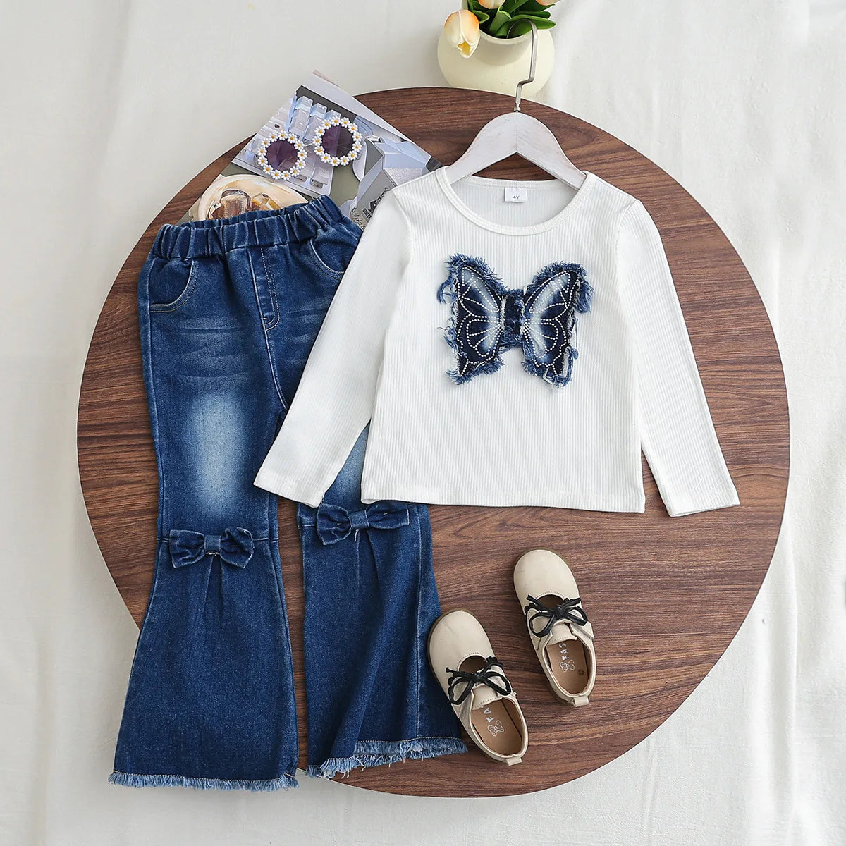 خريف شتاء جديد بنات' دينم طقم with أكمام طويلة butterfly printing sweet ستايل and solid pattern for صيف