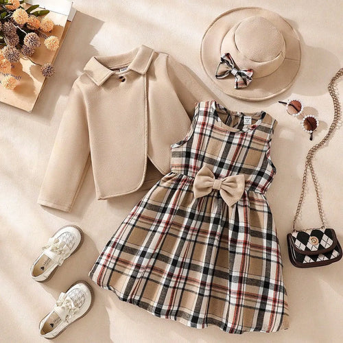 خريف and شتاء بنات كاجوال بدلة طقم of three elegant woolen cloth coat with plaid جيب bow hat cross-border availability