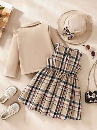 خريف and شتاء بنات كاجوال بدلة طقم of three elegant woolen cloth coat with plaid جيب bow hat cross-border availability
