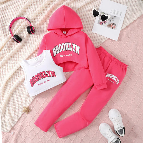 خريف and شتاء بنات' أكمام طويلةd letter printed hooded sweatshirt أكمام طويلةd three piece طقم