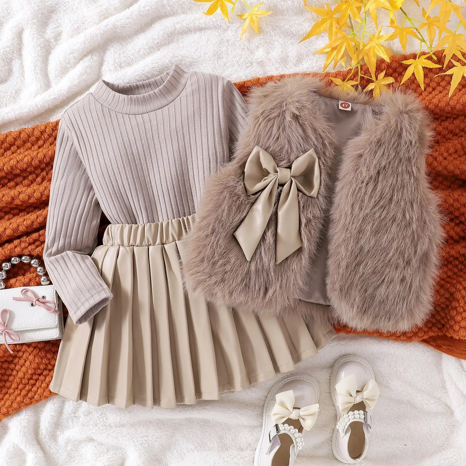 خريف and شتاء جديد بنات بدلة solid color wool sweater with طويل-sleeved توب and leather جيب three-piece بدلة