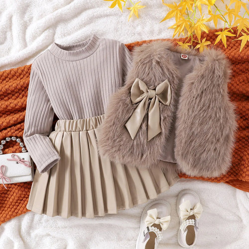 خريف and شتاء جديد بنات بدلة solid color wool sweater with طويل-sleeved توب and leather جيب three-piece بدلة