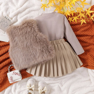 خريف and شتاء جديد بنات بدلة solid color wool sweater with طويل-sleeved توب and leather جيب three-piece بدلة