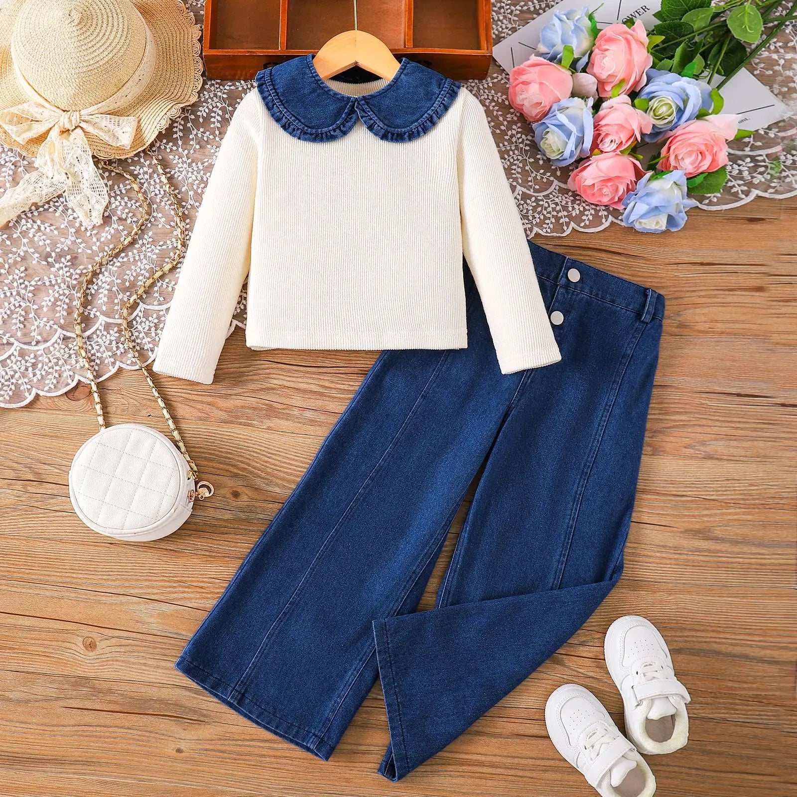 خريف and شتاء جديد small and medium sized solid color أكمام طويلةd shawl توب slimming دينم pants three piece طقم