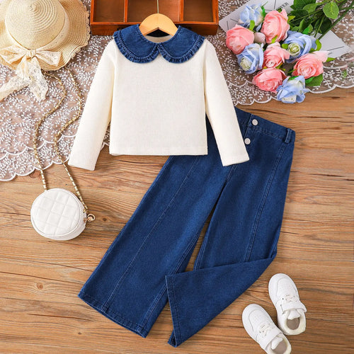 خريف and شتاء جديد small and medium sized solid color أكمام طويلةd shawl توب slimming دينم pants three piece طقم