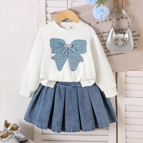 خريف and شتاء جديد women's and children's طقم، bow white أكمام طويلةd sweatshirt with بليسيه دينم جيب طقم قطعتين