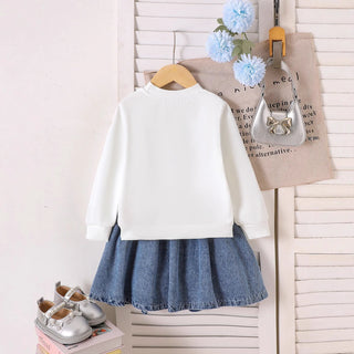 خريف and شتاء جديد women's and children's طقم، bow white أكمام طويلةd sweatshirt with بليسيه دينم جيب طقم قطعتين