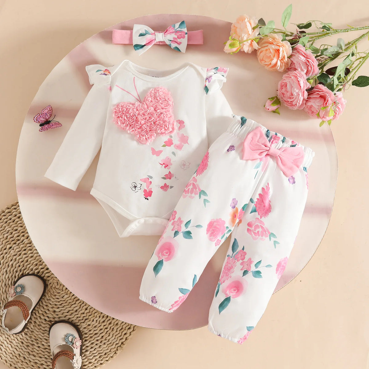 baby بنت 0-1 year old طقم three-dimensional embroidery towel أكمام طويلة baby rompers bow flower trousers 3pcs knitted