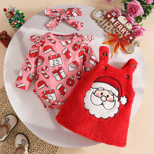 baby بنت christmas gingerbread santa claus جيب بدلة أكمام طويلة ha فستان with strapless جيب 3pcs طقم cotton fabric fleece