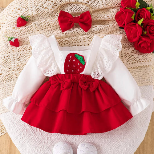 baby بنت ربيع خريف clothing طقم cotton strawberry sticking cloth small كم كشكش فستان bow hair ring 2pcs button