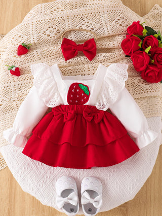 baby بنت ربيع خريف clothing طقم cotton strawberry sticking cloth small كم كشكش فستان bow hair ring 2pcs button