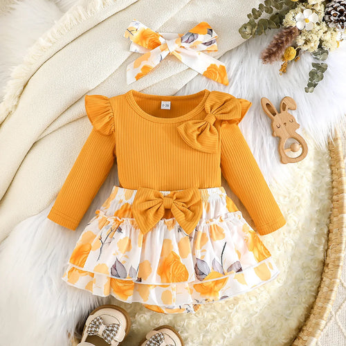 baby بنت ربيع وخريف جديد sweet طقم warm yellow توب flower printed shorts three piece طقم exquisite headscarf