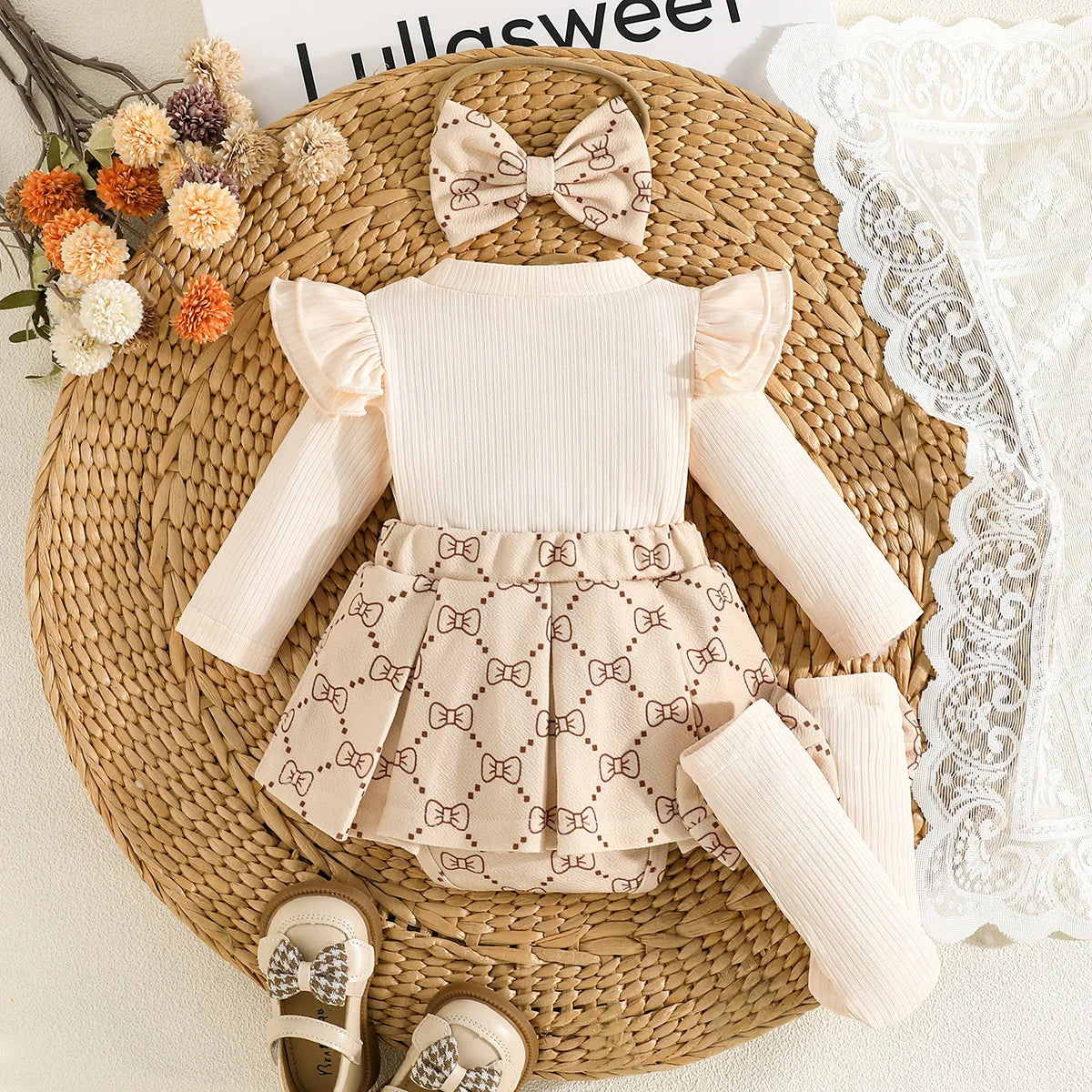 baby بنت sweet fashion جمبسوت beige triangle hat headscarf matching socks-2pcs cotton clothing طقم for ربيع وخريف