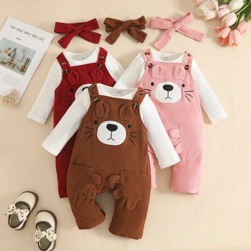 baby بنات fall شتاء طقم bear corduroy cotton jacket and pants with hackle straps أكمام طويلة 3pcs ins ستايل طقم
