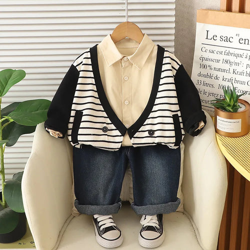 أولاد' خريف طقم موضة 2025 جديد children's striped jacket jeans خريف فستان أولاد' baby clothes