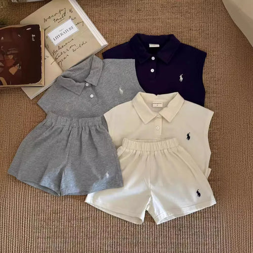 أولاد' كاجوال طقم قطعتين بدون أكمام polo shirt and solid color cotton shorts for خريف