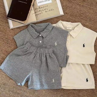 أولاد' كاجوال طقم قطعتين بدون أكمام polo shirt and solid color cotton shorts for خريف