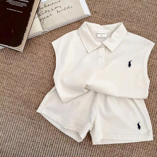 أولاد' كاجوال طقم قطعتين بدون أكمام polo shirt and solid color cotton shorts for خريف