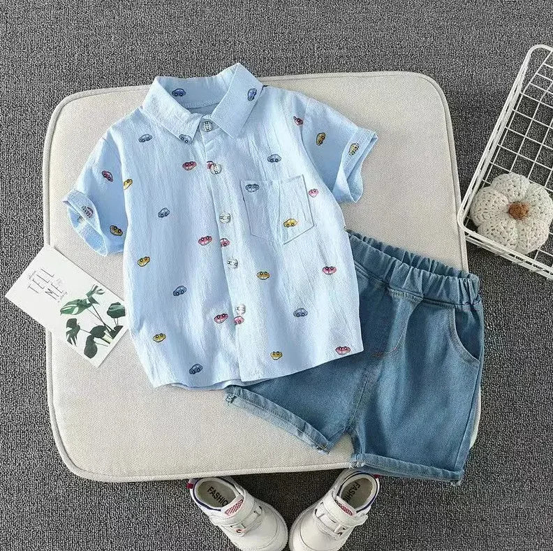 أولاد odm cotton طقم قطعتين أكمام قصيرة صيف بدلة with print كاجوال خفيف breathable shirt & jeans for children