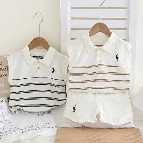 أولاد' صيف outfit طقم، stylish baby صيف clothes، baby بدون أكمام polo shirt طقم قطعتين