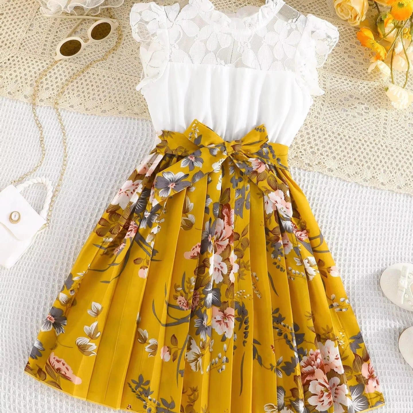 cuhk بنات' صيف بدون أكمام بليسيه فستان fly كم design neck button decoration solid pattern knitted fabric includes belt