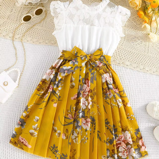 cuhk بنات' صيف بدون أكمام بليسيه فستان fly كم design neck button decoration solid pattern knitted fabric includes belt