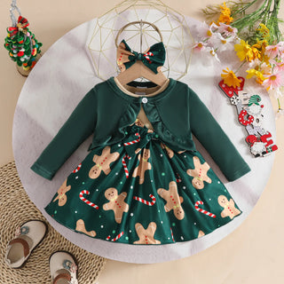 كاجوال baby بنت christmas woolen coat فيست and hair tape طقم gingerbread santa claus fawn فستان cartoon pattern ستايل