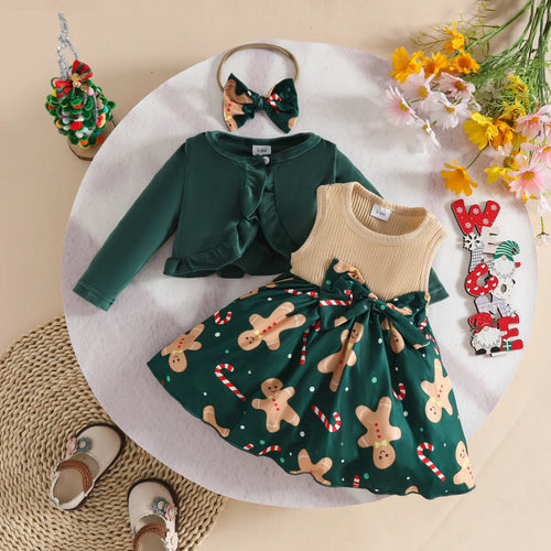 كاجوال baby بنت christmas woolen coat فيست and hair tape طقم gingerbread santa claus fawn فستان cartoon pattern ستايل