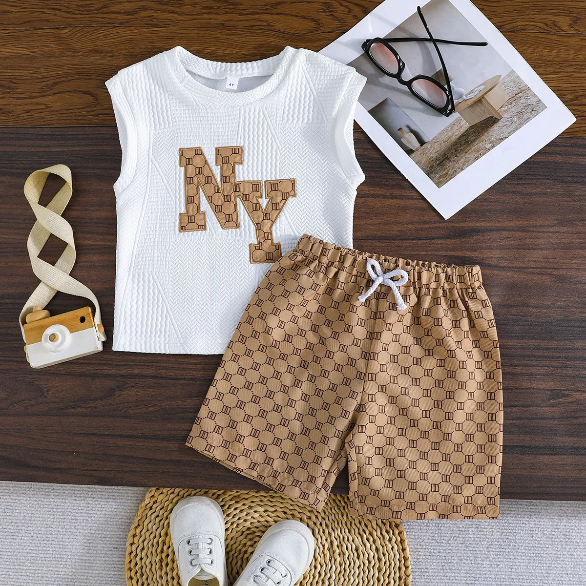 كاجوال fashion for baby أولاد صيف trend men's children's clothing flash gold letter printed t-shirt geometric shorts شتاء