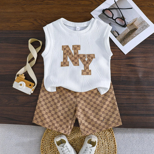 كاجوال fashion for baby أولاد صيف trend men's children's clothing flash gold letter printed t-shirt geometric shorts شتاء