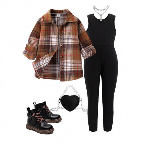 كاجوال بنات' fall/شتاء plaid print أكمام طويلة coat with solid color pit بدون أكمام جمبسوت بدلة