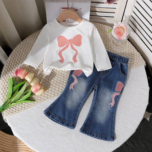 كاجوال جديد cross-border بنات طقم قطعتين round neck printed knit توب and دينم bow embroidered jeans with solid pattern