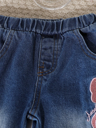كاجوال جديد cross-border بنات طقم قطعتين round neck printed knit توب and دينم bow embroidered jeans with solid pattern