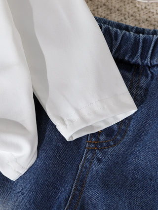 كاجوال جديد cross-border بنات طقم قطعتين round neck printed knit توب and دينم bow embroidered jeans with solid pattern