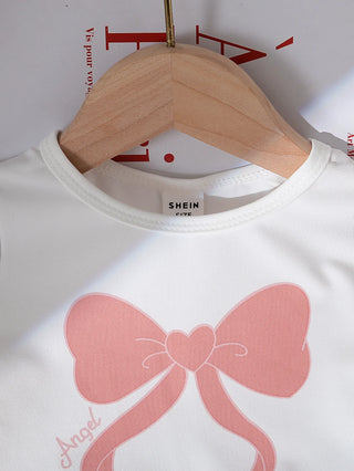 كاجوال جديد cross-border بنات طقم قطعتين round neck printed knit توب and دينم bow embroidered jeans with solid pattern