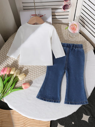 كاجوال جديد cross-border بنات طقم قطعتين round neck printed knit توب and دينم bow embroidered jeans with solid pattern