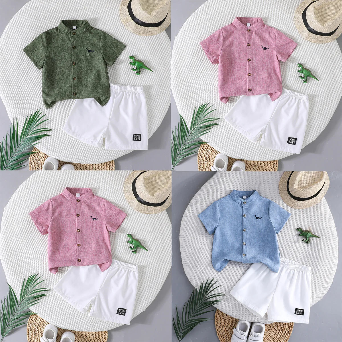 كاجوال صيف طقم قطعتين for أولاد أكمام قصيرة dinosaur embroidered polo shirt and white print shorts